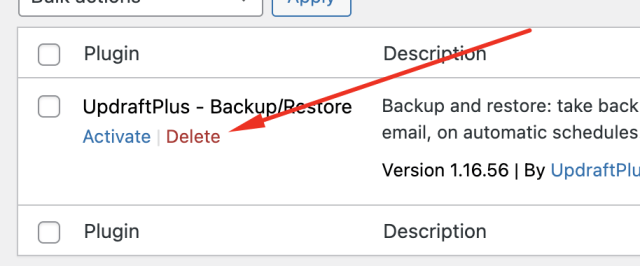 Deleting free UpdraftPlus
