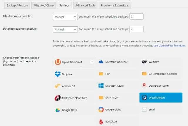 Settings window UpdraftPlus