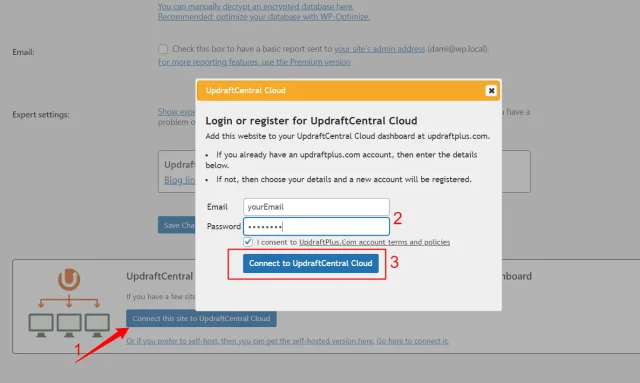 Button to connect site to UpdraftCentral