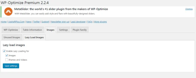 Lazy loading settings in WP-Optimize