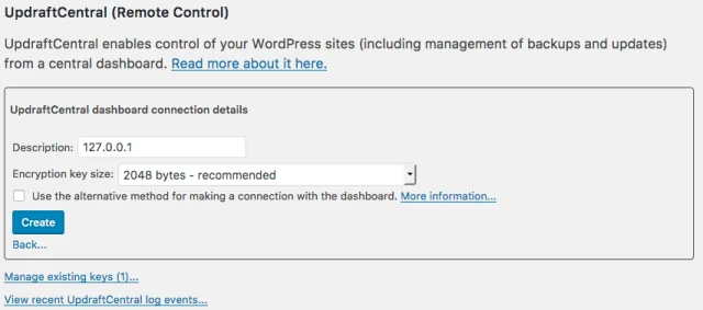 UpdraftCentral rc create