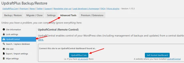 Updraftcentral rc buttons