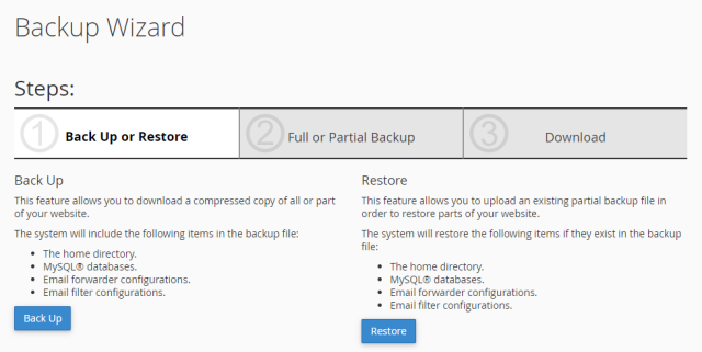 C panel backup wizard window for manual WordPress backups