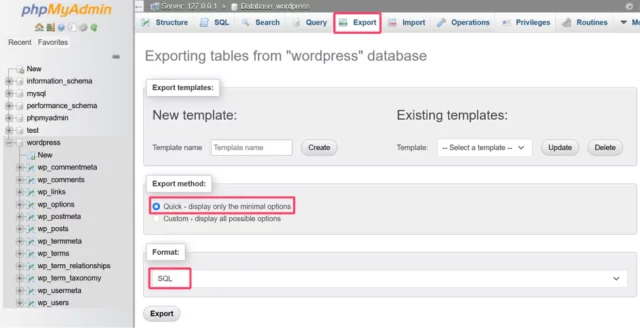 Export your WordPress database in phpmyadmin