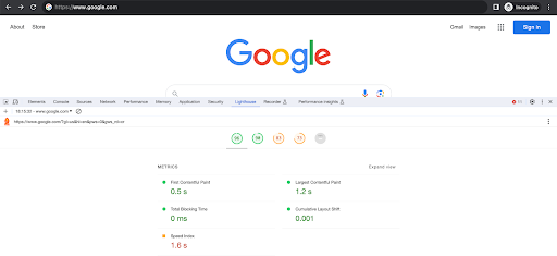 Google lighthouse screenshot