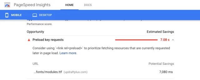 Google page speed insights screenshot