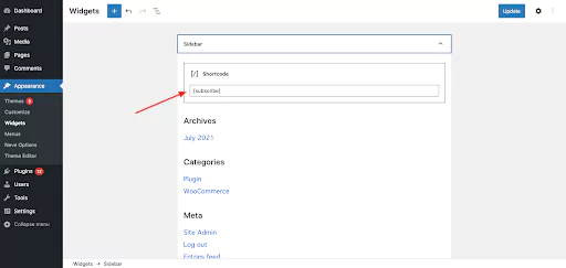 Shortcode in appearance