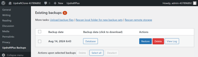 View of the existing backups window in UpdraftPlus