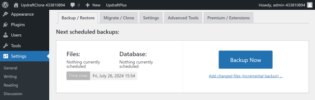 Backup now button in the UpdraftPlus plugin window