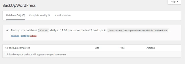 BackupWordPress WordPress completed