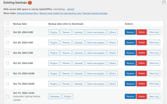 Existing backups log