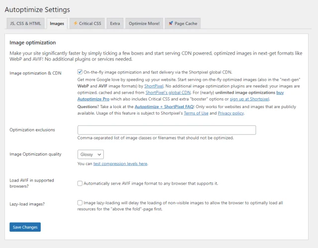 Autoptimize image settings