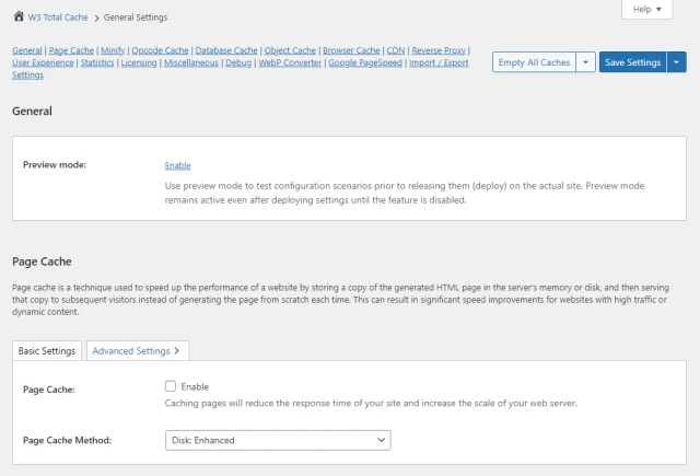 W3 cache general settings